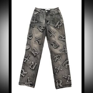 RACER WORLDWIDE Womens Midrise Graphic Streetwear Charcoal Wash Jeans Sz 28